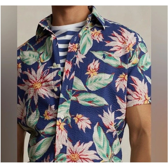 POLO RALPH LAUREN CLASSIC FIT FLORAL SEERSUCKER SHIRT MENS MEDIUM BLUE TROPICAL